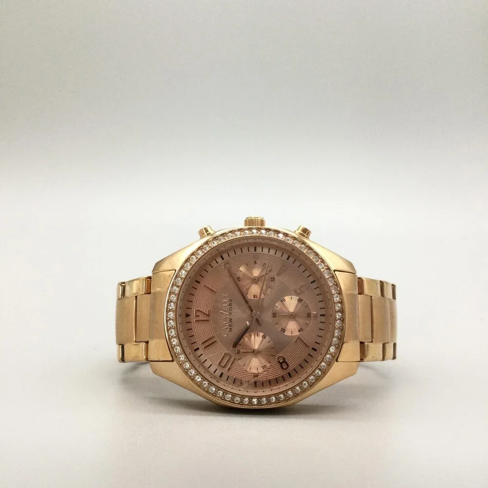 Caravelle New York Womens Watch 36mm Rose Gold Tone Crystals New Battery 6.5